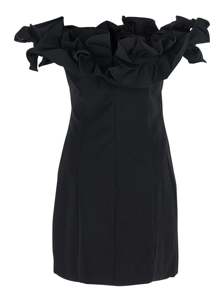 Schwarzes Kleid mit Rüschenverzierungen und Rüschendetails aus technischem Stoff für Damen