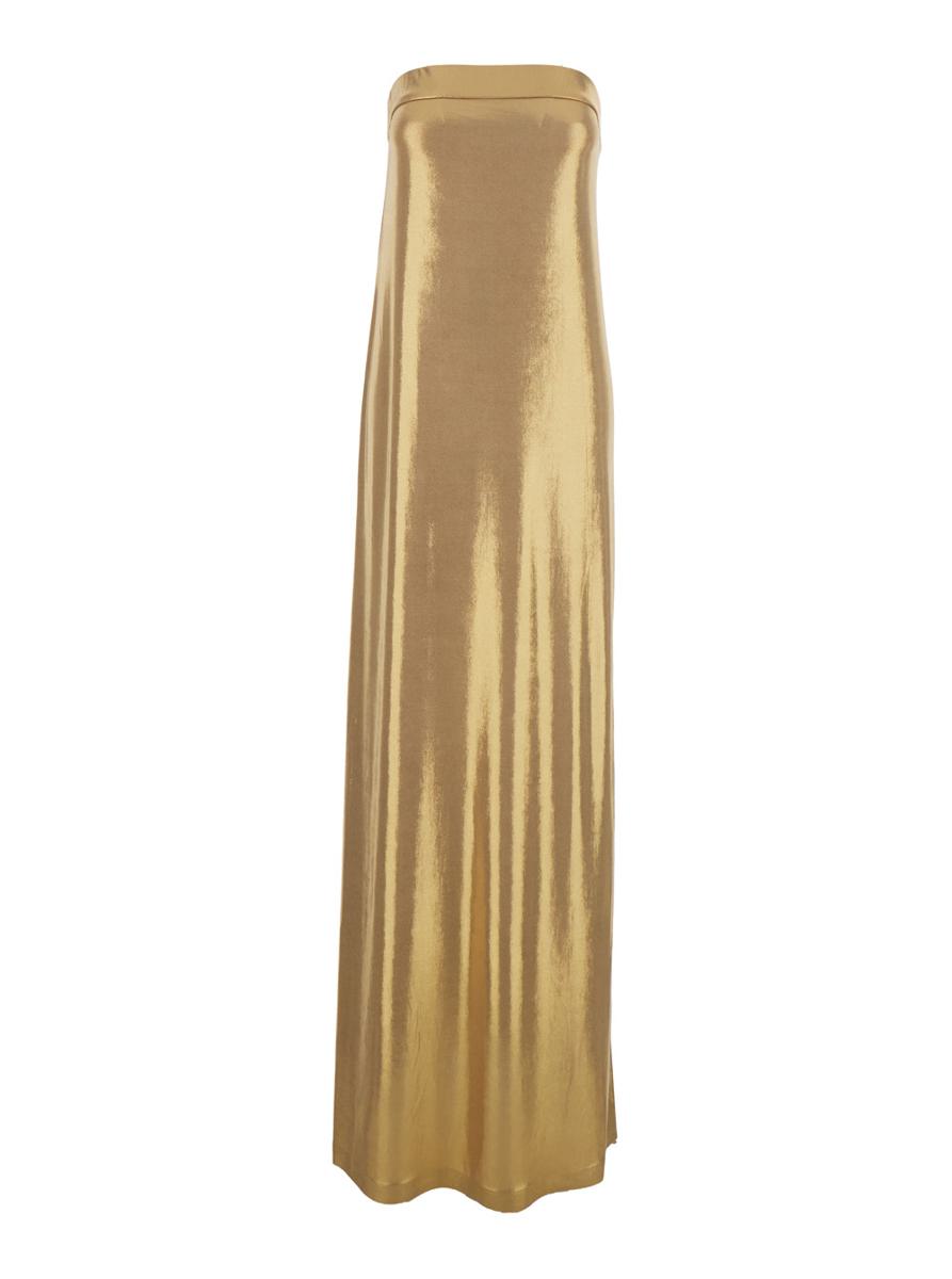 Metallic-Kleid mit schulterfreiem, ärmellosem Schnitt und seitlichem Maxi-Schlitz aus Stretch-Tech-Stoff für Damen