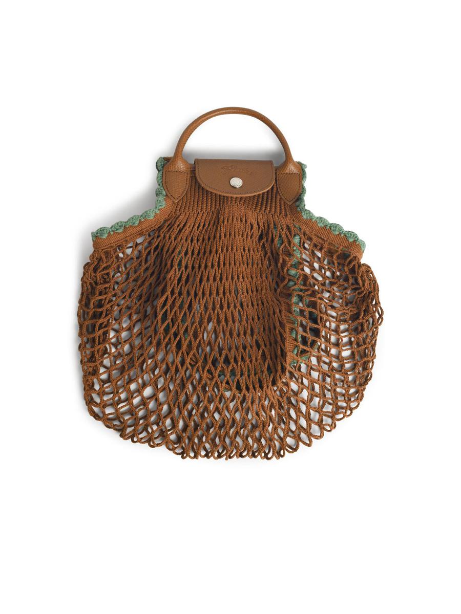 Longchamp „L Le Pliage“ – Netztasche aus tabakfarbenem Canvas