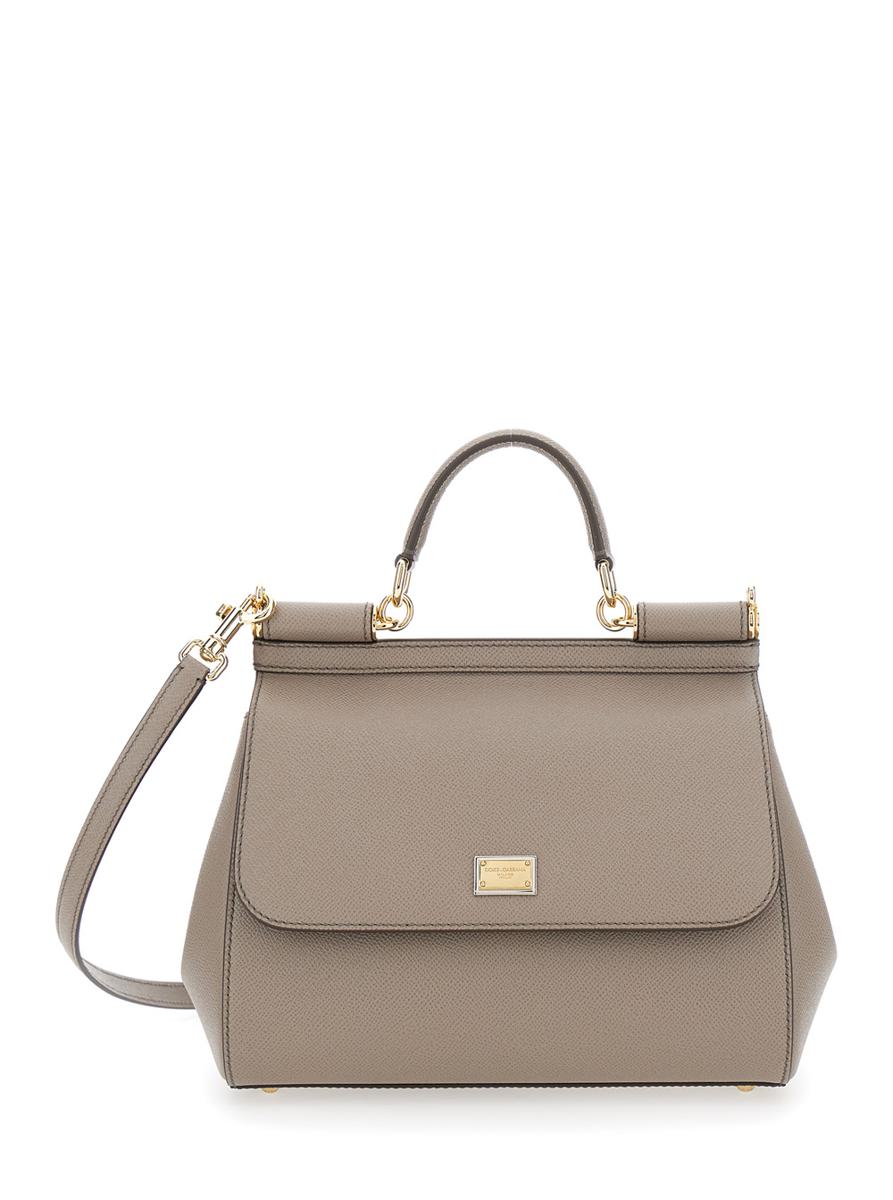 Graue Handtasche mit verstellbarem und abnehmbarem Schultergurt und Logo-Plakette auf der Vorderseite aus genarbtem Leder für Damen