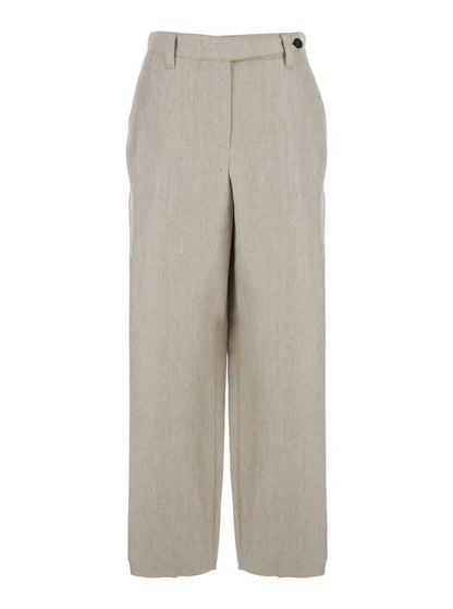 Beige Hose mit verstecktem Frontverschluss und aufgesetzten Knöpfen aus Leinen für Damen