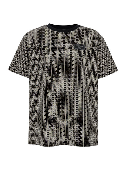 Graues T-Shirt mit Logo auf der Brust und Allover-Labyrinth-Motiv aus Baumwolle für Herren