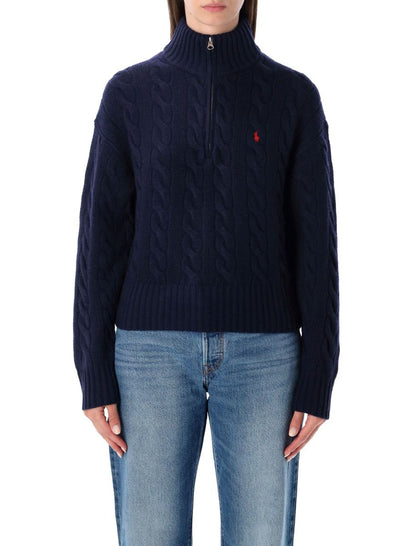 Polo Ralph Lauren – Zopfmusterpullover aus Wolle und Kaschmir mit halbem Reißverschluss