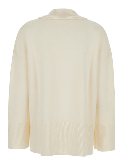Weißer Pullover mit Poloshirt-Kragen und überschnittener Schulter aus Wolle und Kaschmir für Damen
