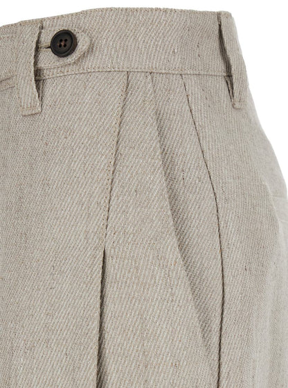 Beige Hose mit verstecktem Frontverschluss und aufgesetzten Knöpfen aus Leinen für Damen