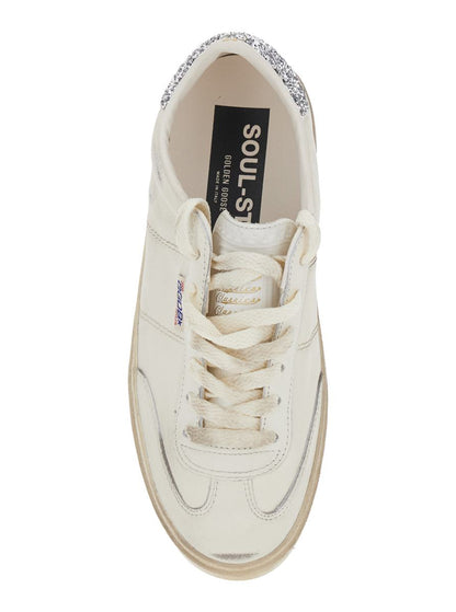 Weißer Low-Top-Sneaker „Soul-Star“ mit Glitzerabsatz und Logo-Schriftzug aus Leder für Damen