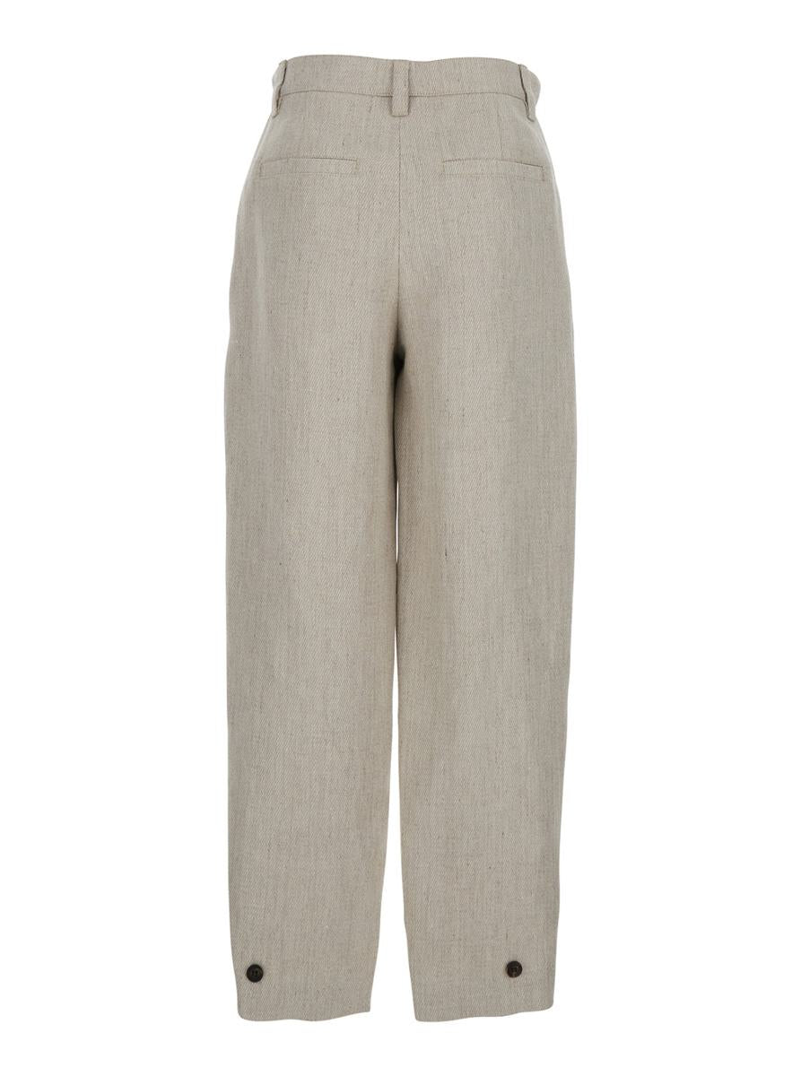 Beige Hose mit verstecktem Frontverschluss und aufgesetzten Knöpfen aus Leinen für Damen