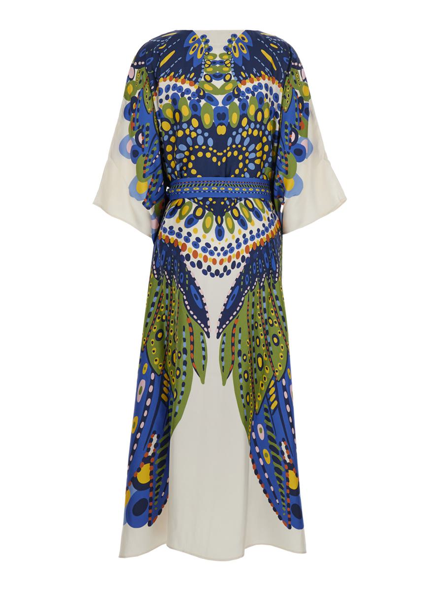 Mehrfarbiger Kaftan mit Gürtel in der Taille und durchgehendem Grafikdruck aus Seide für Damen