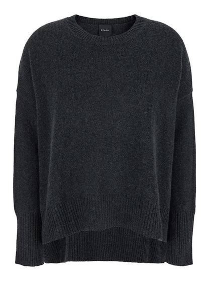 Dunkelgrauer Oversize-Pullover mit Rundhalsausschnitt aus Kaschmir für Damen