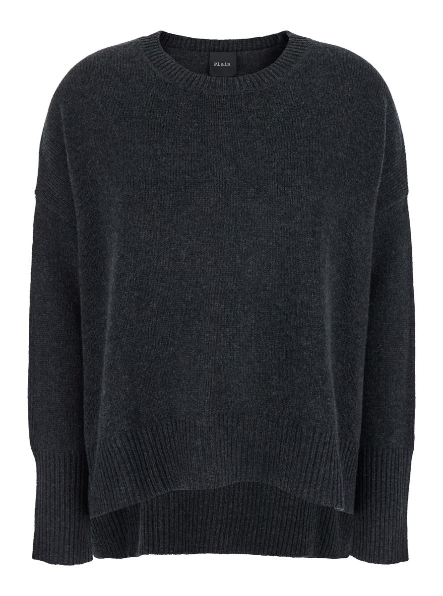 Dunkelgrauer Oversize-Pullover mit Rundhalsausschnitt aus Kaschmir für Damen