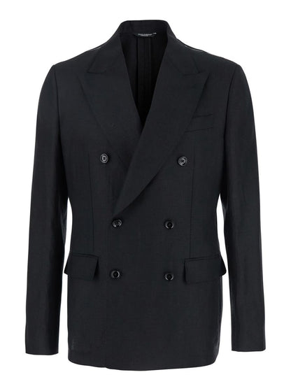Schwarze Zweireiherjacke mit Revers aus Leinen für Herren