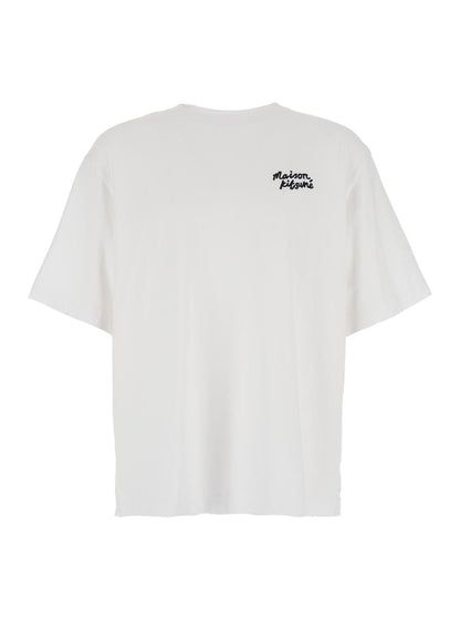 Weißes T-Shirt mit aufgesticktem Logo-Schriftzug auf der Vorderseite aus Baumwolle
