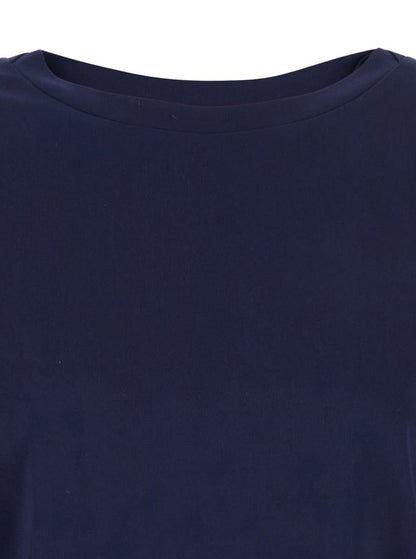 Blaues T-Shirt mit Rundhalsausschnitt und Dreiviertelärmeln aus Stoff für Damen
