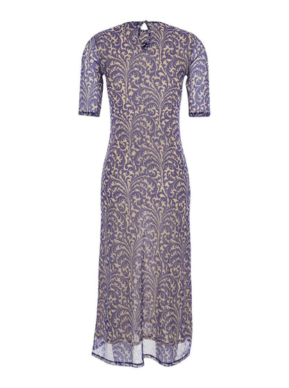 Blaues langes Kleid mit Maxi-Blumendruck auf der Vorderseite und Allover-Print aus technischem Stoff. Frau