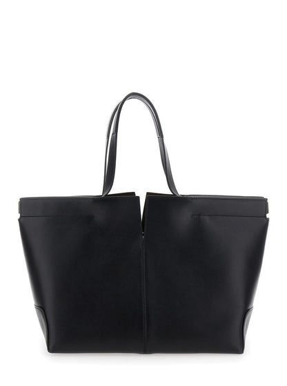 Schwarze Tragetasche mit zwei oberen Griffen und seitlichen Metalldetails aus Leder für Damen