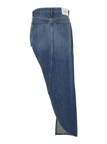 Blauer Rock mit Logo-Patch auf der Rückseite und diagonalem Einbeinschnitt aus Denim für Damen
