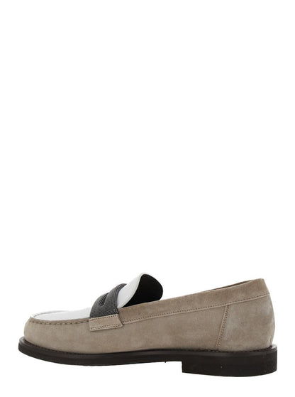 Beige Loafer mit Monile-Detail und Kette aus Wildleder für Damen