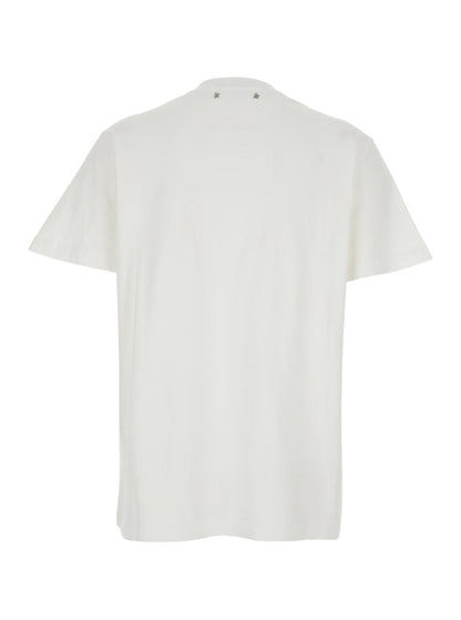 Weißes T-Shirt mit Rundhalsausschnitt und Strassverzierungen am Kragen und Logodetail auf der Rückseite aus Baumwolle für Damen