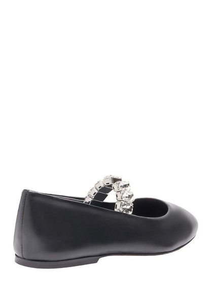 Schwarze Ballerinas mit Kristallverzierungen aus Leder für Damen