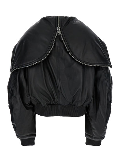 Schwarze Bomberjacke mit übergroßer Kapuze und Reißverschluss aus Leder für Damen