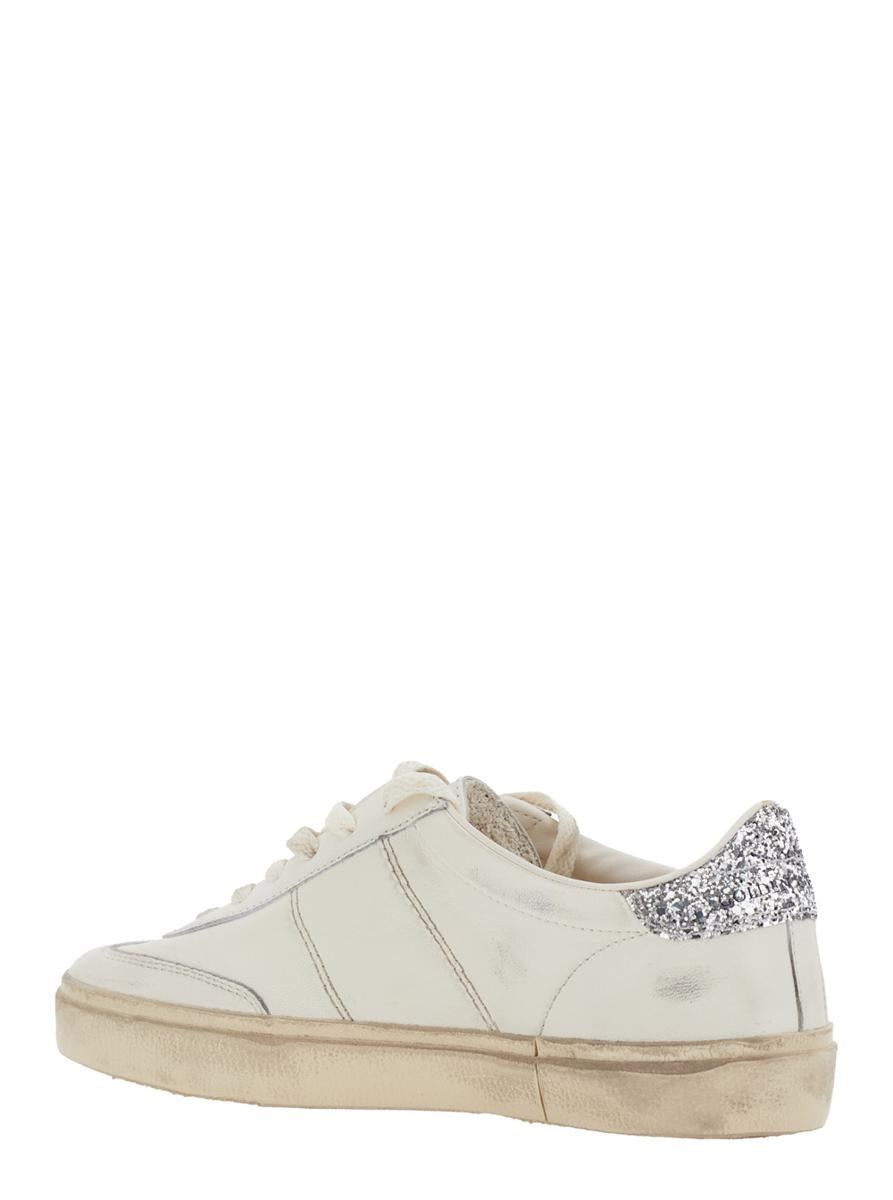 Weißer Low-Top-Sneaker „Soul-Star“ mit Glitzerabsatz und Logo-Schriftzug aus Leder für Damen