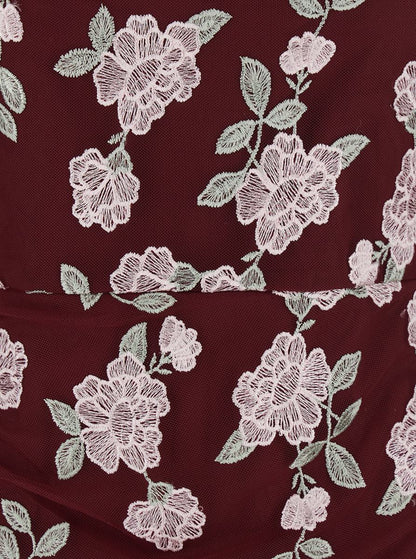 Bordeauxfarbenes Kleid mit Blumenstickerei aus Stoff für Damen
