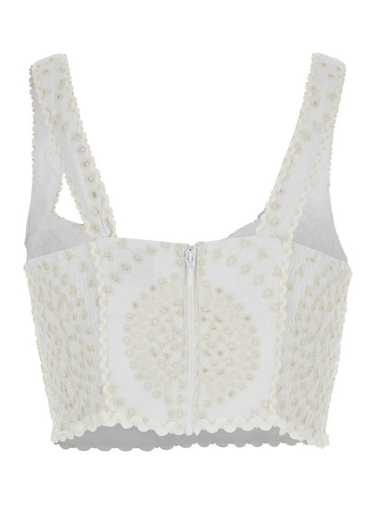 Weißes Top „Goldie“ mit V-Ausschnitt vorne und perforiertem Design aus Baumwoll-Leinen-Mischgewebe für Damen