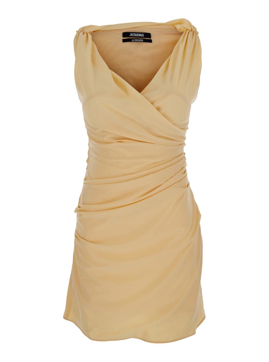 Beiges Kleid „The Rita“ mit V-Ausschnitt und drapierten Details aus Baumwolle