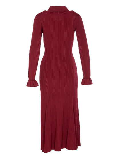 Self-Portrait Burgundy Ribbed Knit Midi Dress Kleidung