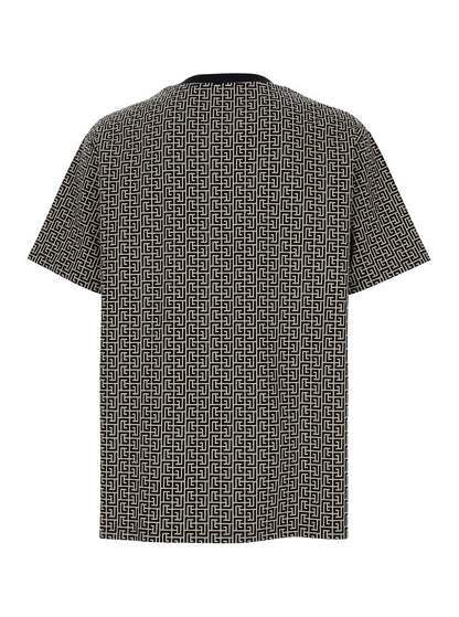 Graues T-Shirt mit Logo auf der Brust und Allover-Labyrinth-Motiv aus Baumwolle für Herren