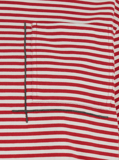 Rotes T-Shirt mit Rundhalsausschnitt, durchgehendem Streifenmotiv und Schmuckdetail auf der Vorderseite aus Baumwolle für Damen